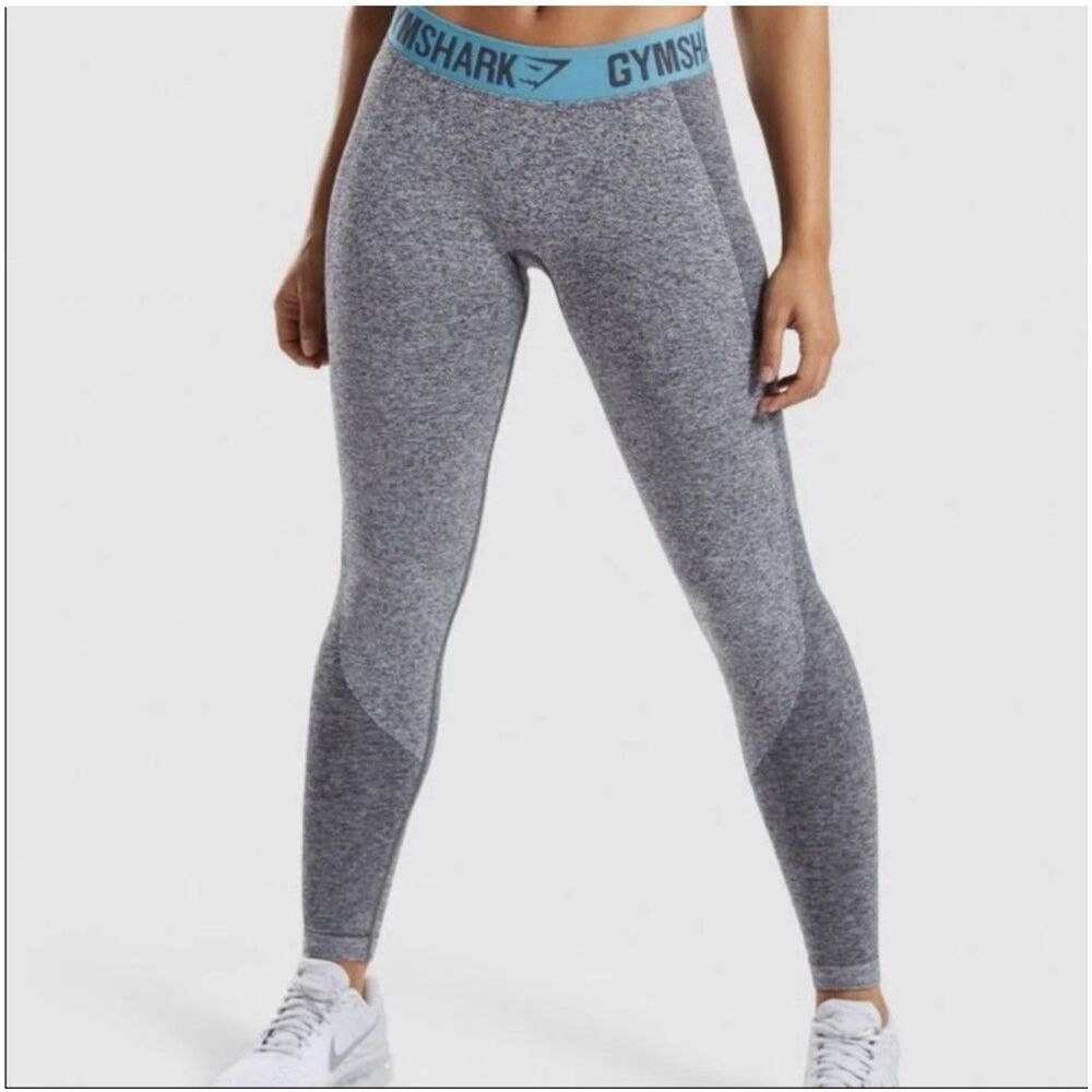 Gymshark Flex Leggings Gray Teal Waistband Stretch Knit Shaping Athletic Gym Sm - Picture 1 of 14